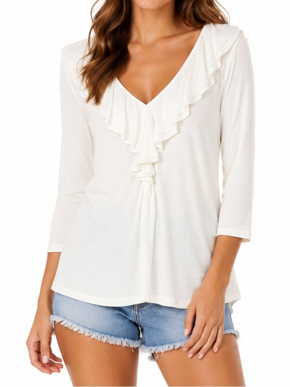 Chaps Classics Women’s Large White Ruffle V-Neck 3/4 Sleeve Top